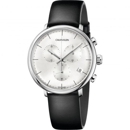 Calvin Klein K8M271C6 Men's High Noon Silver/Black Leather Chronograph Swiss Watch - WatchStatus Ltd
