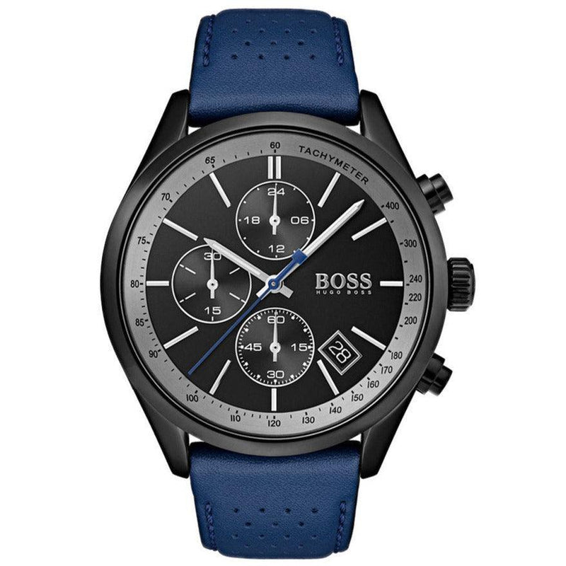 BOSS Grand Prix Watch Men's Black/Blue Leather Chronograph HB1513563 - WatchStatus Ltd