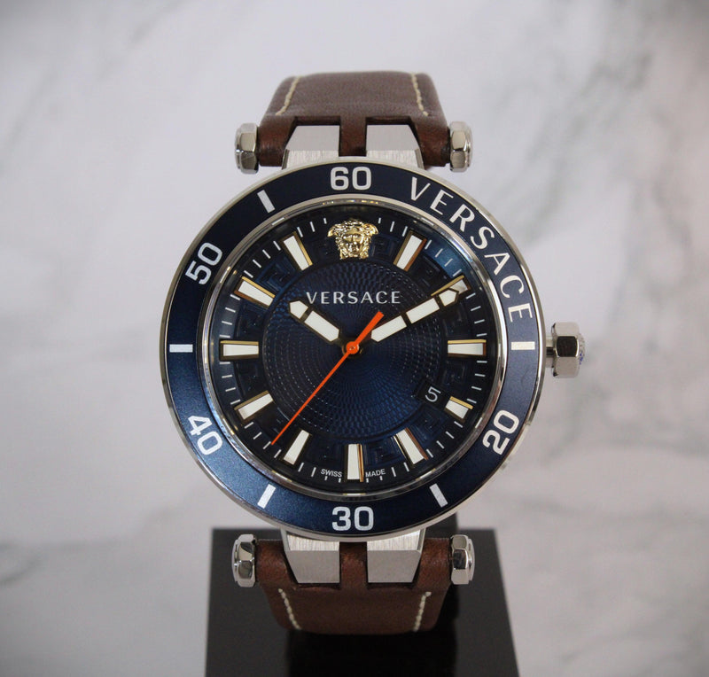 Versace Greca Sport Men's Blue Dial Leather Watch VEZ300121 - WatchStatus Ltd