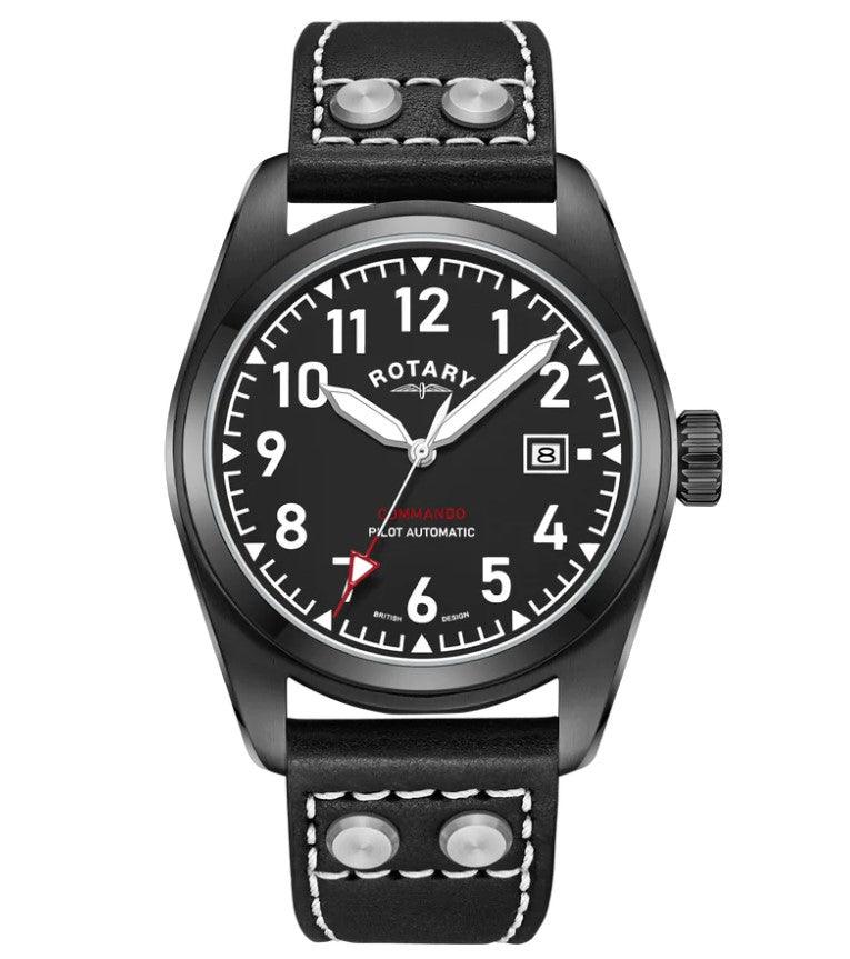 Rotary Commando Pilot Automatic Watch Men's Black Leather GS05474/19 - WatchStatus Ltd