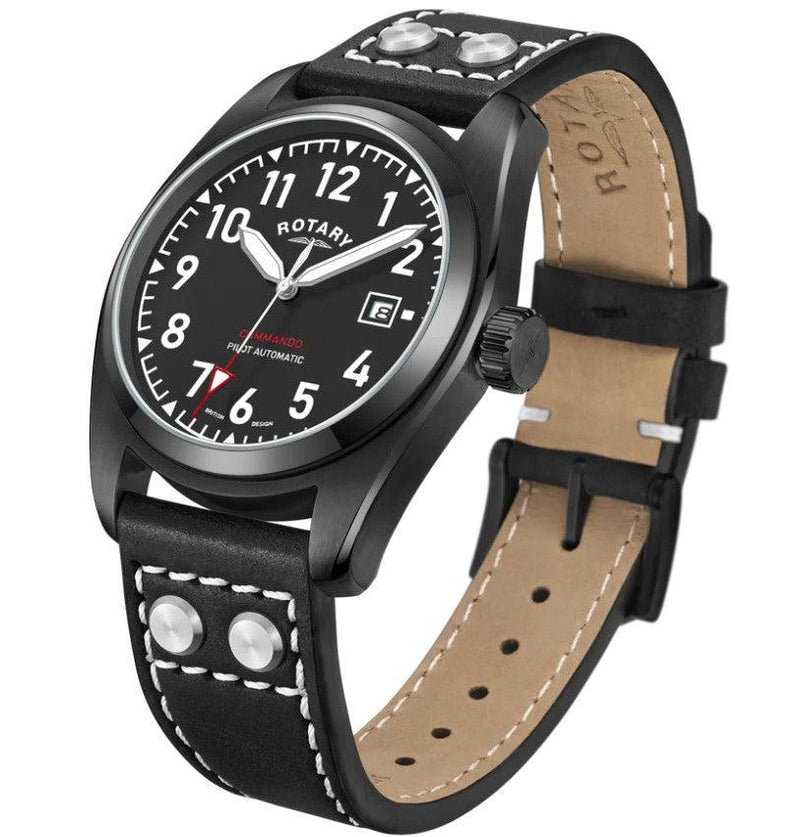 Rotary Commando Pilot Automatic Watch Men's Black Leather GS05474/19 - WatchStatus Ltd
