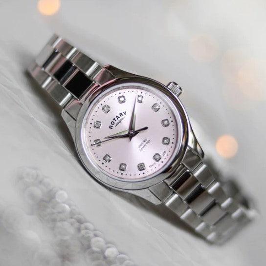 Rotary Oxford Diamond Watch Ladies Silver/Pink LB05092/07/D - WatchStatus Ltd