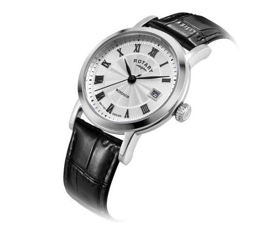Rotary Windsor Ladies Silver with Black Leather Watch LS05420/01 - WatchStatus Ltd