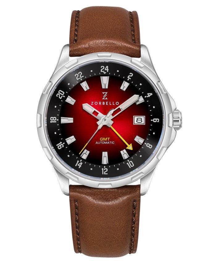 Zorbello G1 GMT Watch Men's Automatic Leather Brown / Red ZBAF003 - WatchStatus Ltd