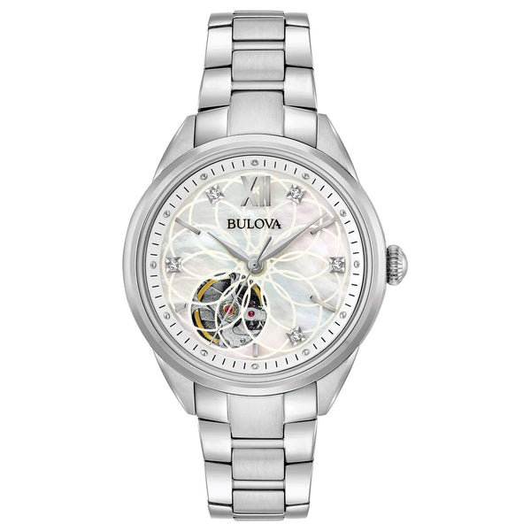 Bulova Sutton Ladies Watch Silver Diamond Open-Heart Automatic 96P181
