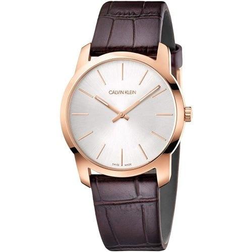 Calvin Klein K2G226G6 Men's City Silver/Rose Gold Brown Leather Swiss Watch - WatchStatus Ltd