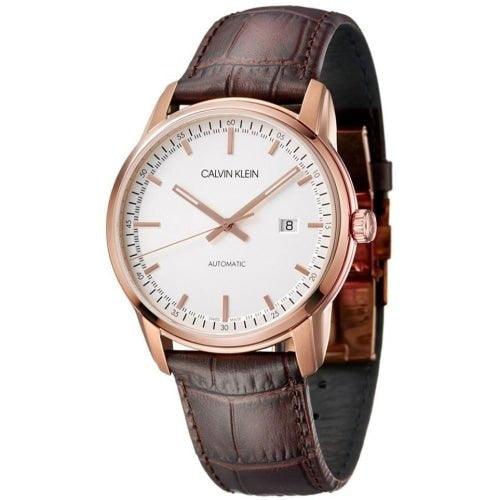 Calvin Klein K5S346G6 Men's Infinite White/Rose Gold Brown Leather Automatic Swiss Watch - WatchStatus Ltd