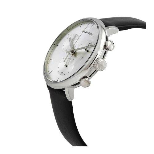 Calvin Klein K8M271C6 Men's High Noon Silver/Black Leather Chronograph Swiss Watch - WatchStatus Ltd