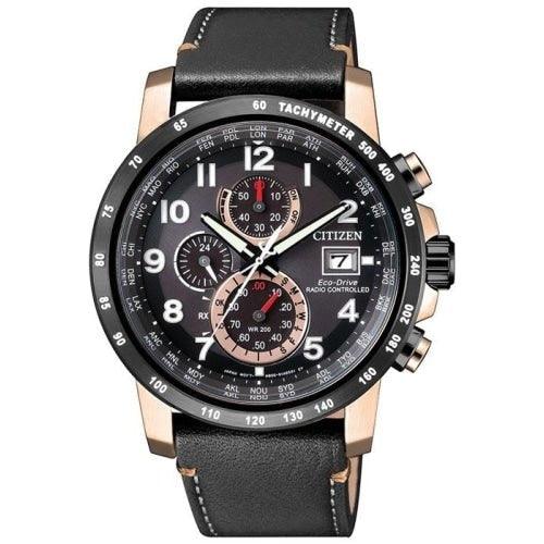 Citizen AT8126-02E Men's Radio Controlled Black/Rose Gold Perpetual World Chronograph Leather Watch - WatchStatus Ltd