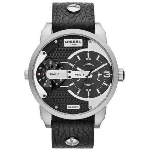 Diesel DZ7307 Mens Mini Daddy Black Leather Silver Case Dual-Time Watch - WatchStatus Ltd