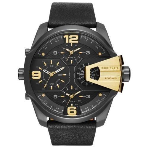 Diesel DZ7377 Mens Uber Chief Black Leather Gold Details Multi-Time Watch - WatchStatus Ltd