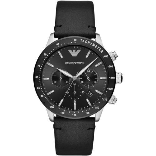 Emporio Armani AR11243 Men's Mario Black/Silver Leather Chronograph Watch - WatchStatus Ltd
