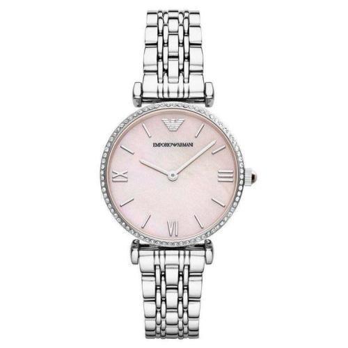 Emporio Armani AR1779 Ladies Gianni T-bar Silver & Pink Mother Of Pearl Watch - WatchStatus Ltd