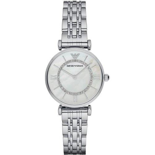 Emporio Armani AR1908 Ladies Gianni T-bar Silver/Mother Of Pearl Stainless Watch - WatchStatus Ltd