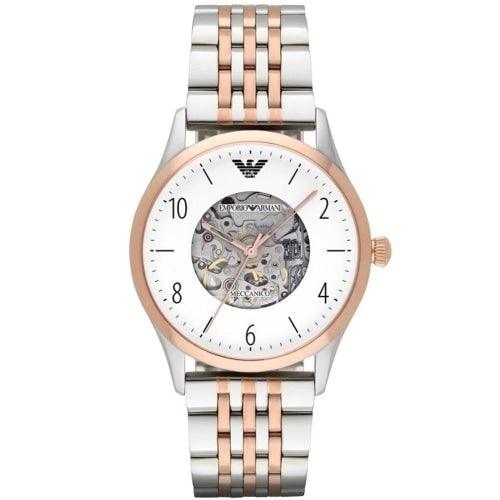 Emporio Armani AR1921 Men's Meccanico Silver/Rose Gold Skeleton Automatic Watch - WatchStatus Ltd
