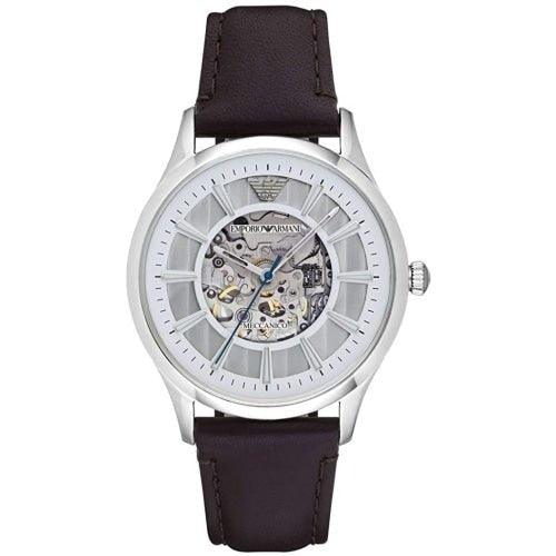 Emporio Armani AR1946 Men's Meccanico Black/Silver Leather Automatic Watch - WatchStatus Ltd