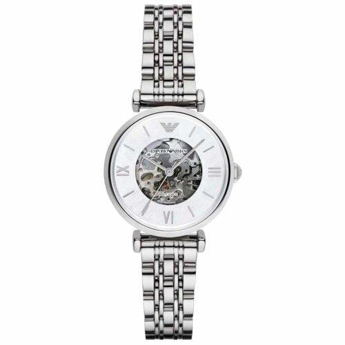 Emporio Armani AR1991 Ladies Meccanico Silver Skeleton Automatic Watch - WatchStatus Ltd