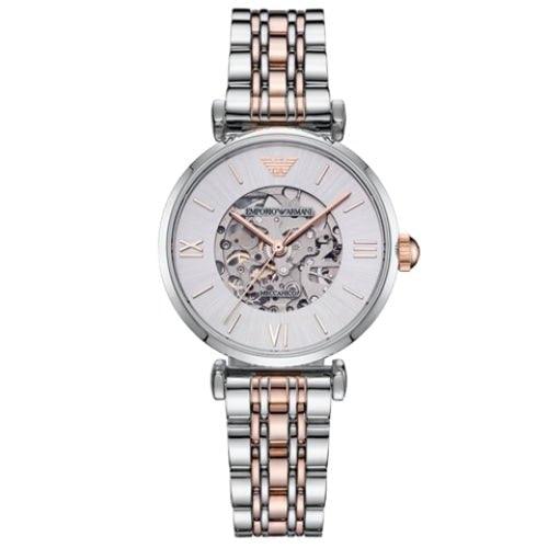 Emporio Armani AR1992 Ladies Meccanico Silver/Rose Gold Skeleton Automatic Watch - WatchStatus Ltd