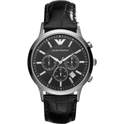 Emporio Armani AR2447 Men's Renato Black/Silver Leather Chronograph Watch - WatchStatus Ltd