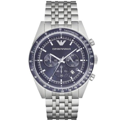 Emporio Armani AR6072 Men's Tazio Silver/Blue Stainless Chronograph Watch - WatchStatus Ltd