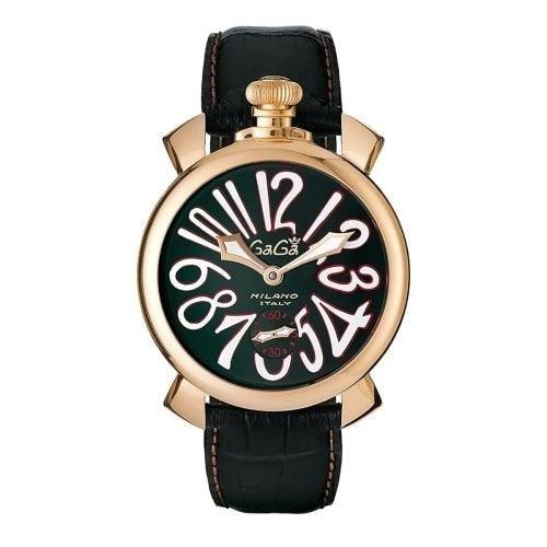GaGa Milano Manuale Mechanical Gold Black Leather 48mm Watch - WatchStatus Ltd
