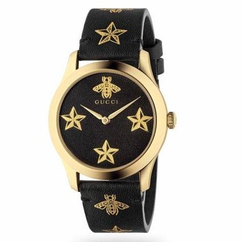 Gucci YA1264055 Unisex G-Timeless Black/Gold Leather Swiss Watch