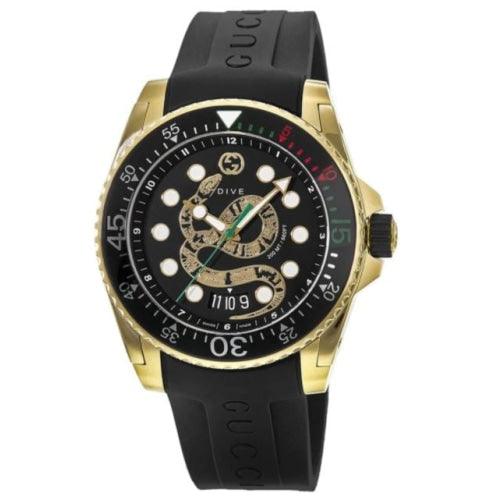 Gucci YA136219 Men’s Dive Snake Gold / Black Rubber 45mm Swiss Watch - Watches