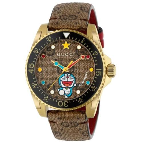 Gucci YA136335 Men’s Dive x Doraemon Collaboration Gold / Brown 40mm Swiss Watch - Watches