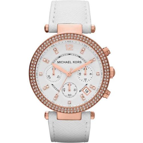 Michael Kors MK2281 Ladies Parker Rose Gold/White Leather Chronograph Watch - WATCHES