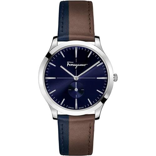 Salvatore Ferragamo Slim Men’s Brown / Blue Stripe Leather Swiss Watch SFDE00218 - Watches