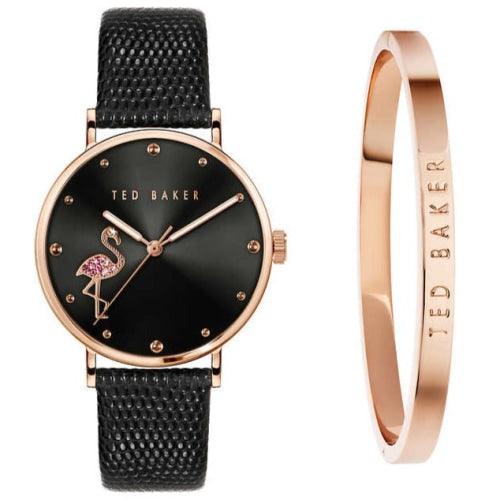 Ted Baker Fitzrovia Flamingo Ladies Black Leather Watch & Bangle Set TWG0249009I - Watches