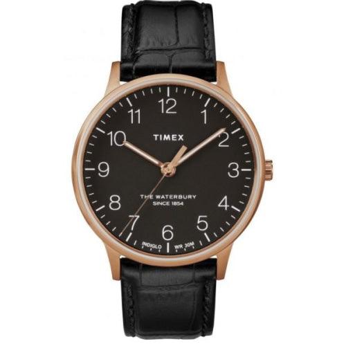 Timex Waterbury Men’s Black / Rose Gold Leather Watch TW2R96000 - Watches