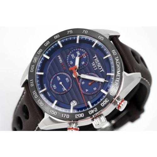 Tissot PRS 516 Men’s Brown Leather Blue Dial Chronograph Watch T1004171604100 - Watches
