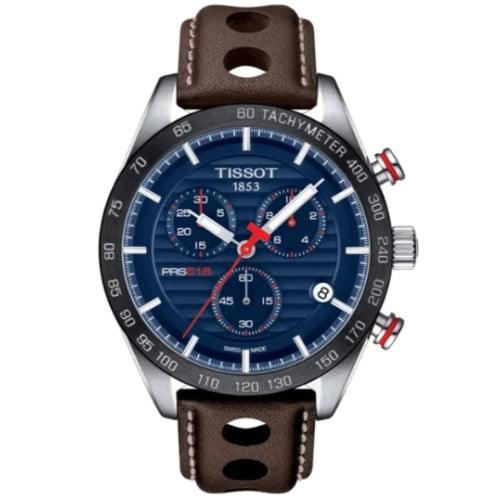 Tissot PRS 516 Men’s Brown Leather Blue Dial Chronograph Watch T1004171604100 - Watches