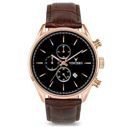 Vincero Chrono S Mens Brown/Rose Gold With Black Dial Leather Chronograph Watch - WATCHES