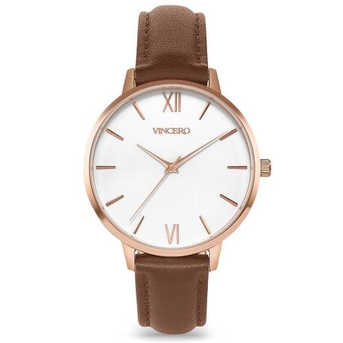 Vincero Eros Ladies Brown Italian Leather Rose Gold & White Watch