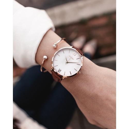 Vincero Eros Ladies Brown Italian Leather Rose Gold & White Watch