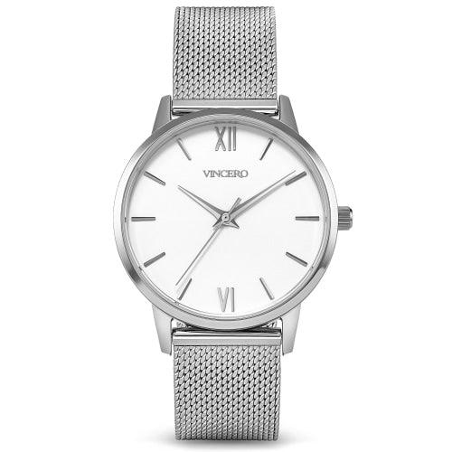 Vincero Eros Petite Ladies Silver/White Minimalist Stainless Mesh Watch