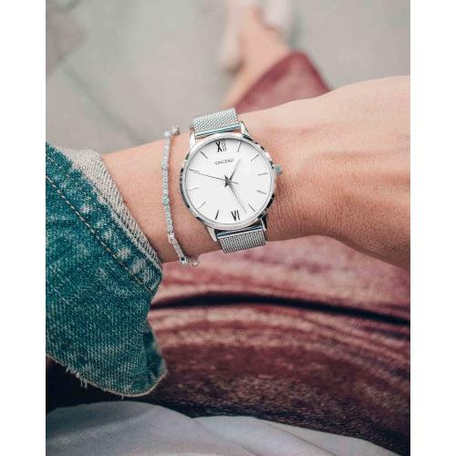 Vincero Eros Petite Ladies Silver/White Minimalist Stainless Mesh Watch
