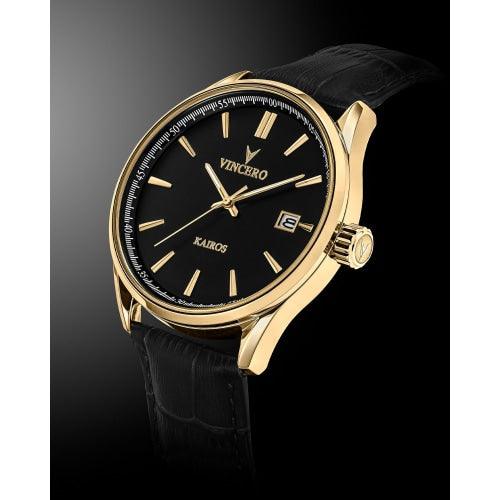 Vincero Kairos Mens Black/Gold Italian Leather Analogue Watch - WATCHES