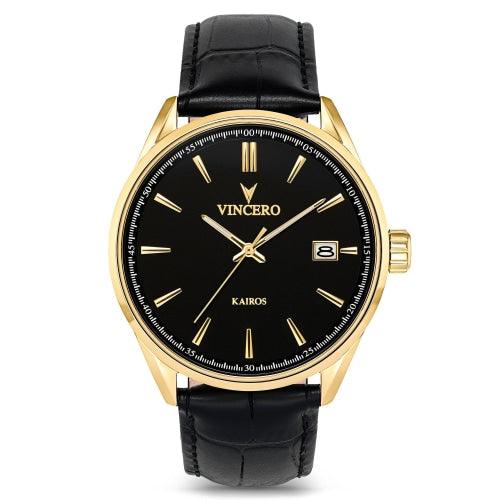 Vincero Kairos Mens Black/Gold Italian Leather Analogue Watch - WATCHES