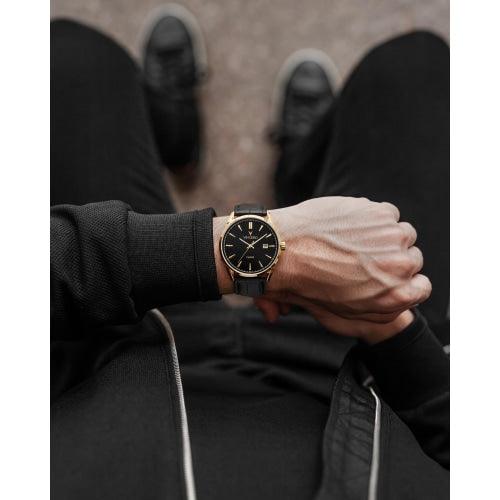 Vincero Kairos Mens Black/Gold Italian Leather Analogue Watch - WATCHES