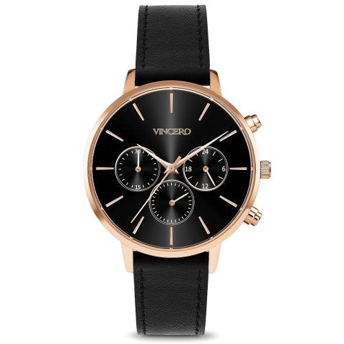 Vincero Kleio Ladies Black/Rose Gold Chronograph Italian Leather Watch - WATCHES