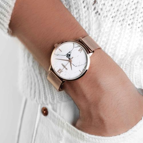 Marble Ladies Italian Marble Dial Rose Gold Mesh Watch