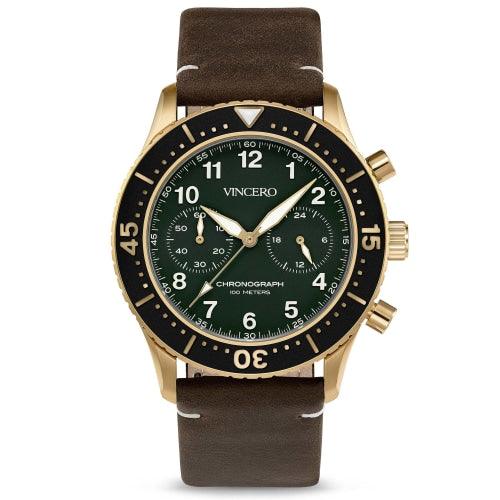 Vincero Outrider Men’s Gold/Green with Brown Italian Leather Divers Chronograph Watch - WATCHES