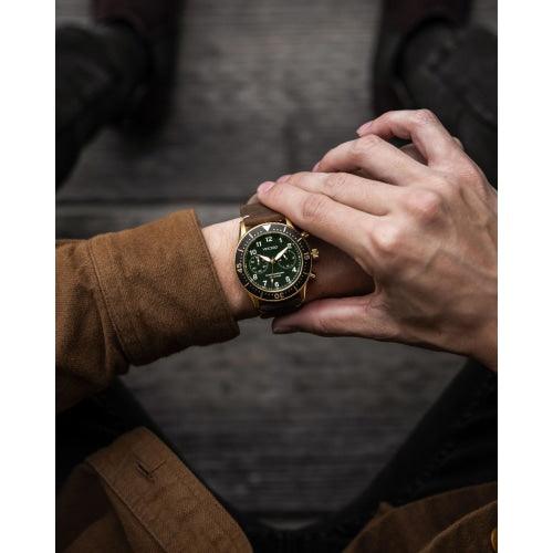 Vincero Outrider Men’s Gold/Green with Brown Italian Leather Divers Chronograph Watch - WATCHES